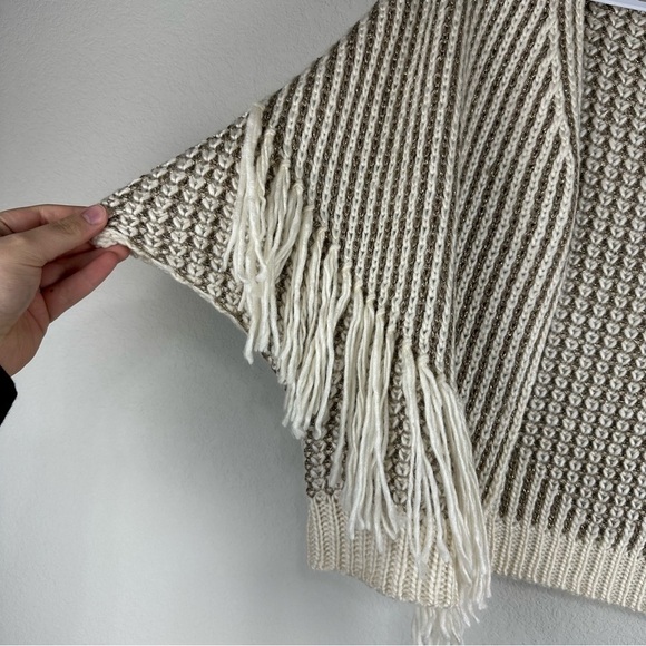Anthropologie Gold White Striped Knit Fringe Short Sleeve Open Cardigan One Size - Picture 2 of 7